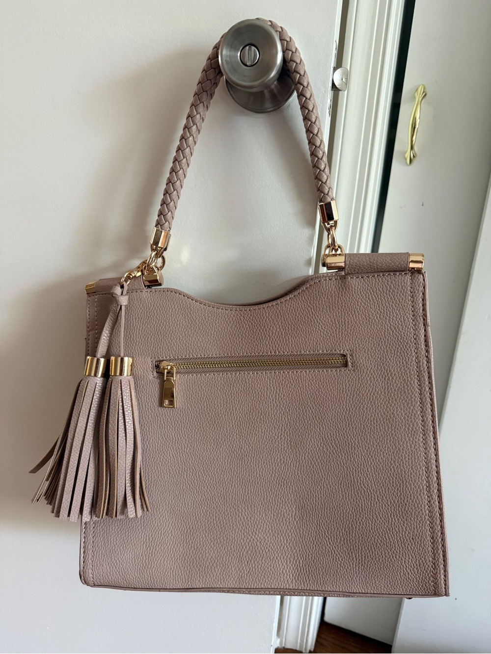 Braided Handle Taupe Satchel with Tassel Accent
